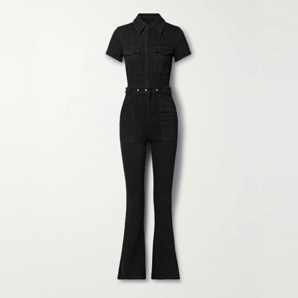 Good American Black Short-Sleeve Denim Jumpsuit with Flared Legs